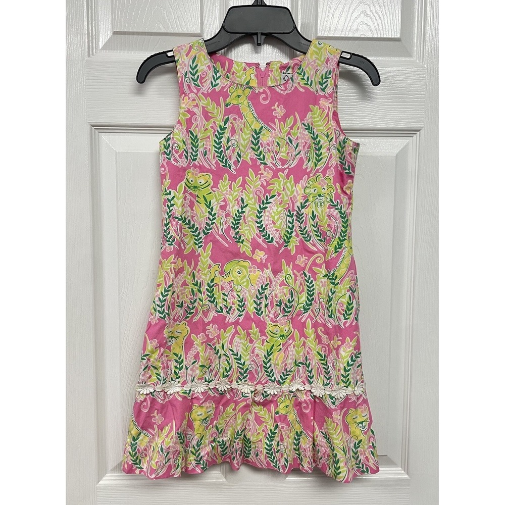 VTG Lilly Pulitzer Pink Print Sleeveless Jungle Shift Dress Girl 8 Lined